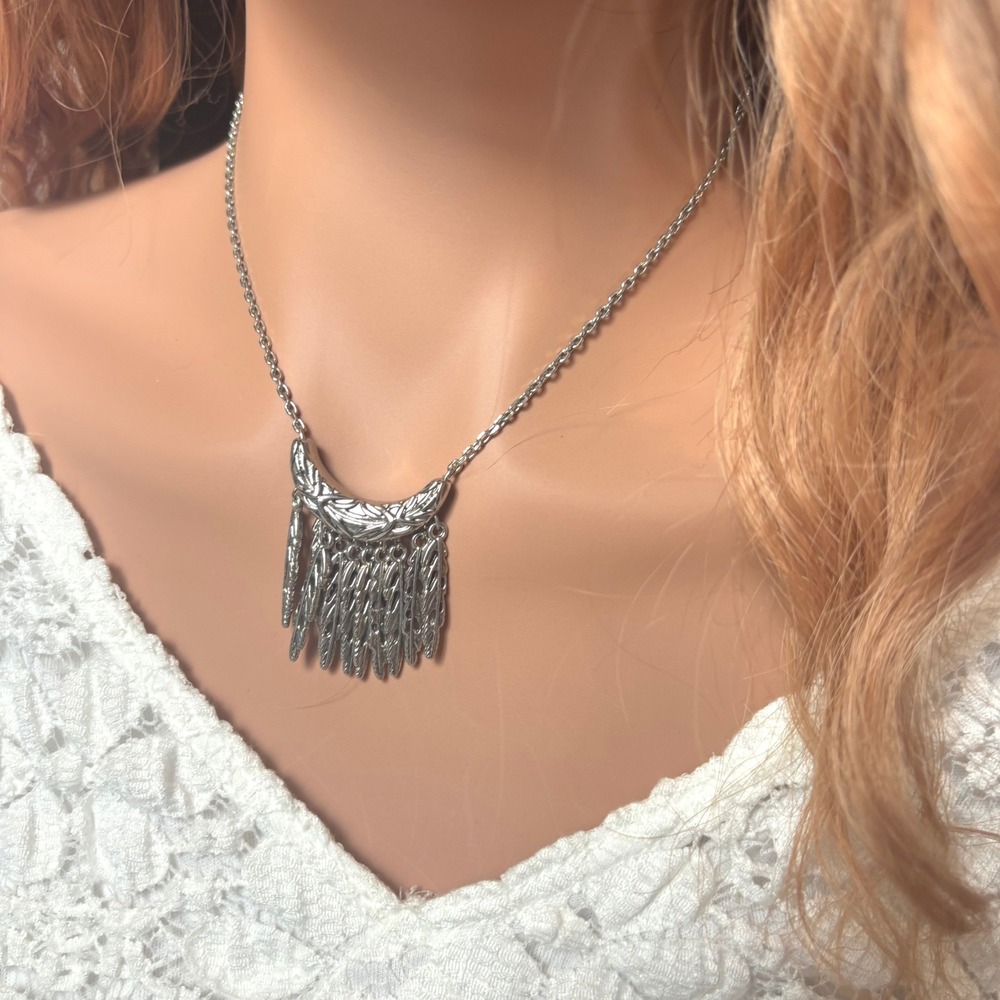 Lia Sophia Crescent Fringe Tassel Necklace Silver Tone Boho Western Tribal 21786